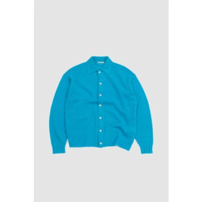 Shop Auralee Shetland Wool Cashmere Knit Cardigan Turquoise Blue
