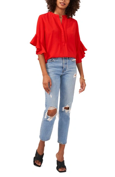 Shop Vince Camuto Ruffle Sleeve Split Neck Blouse In Cherry Red