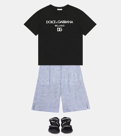 Dolce & Gabbana Logo-patch Linen Bermuda Shorts In Blue