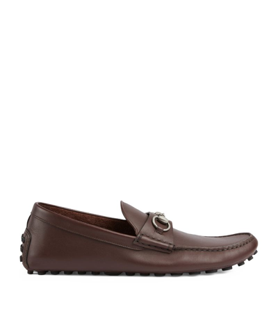 Shop Gucci Leather Horsebit Driving Loafers In Brown