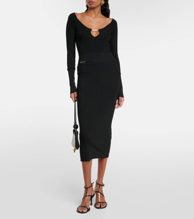 Shop Jacquemus La Jupe Pralu Ribbed-knit Midi Skirt In Black