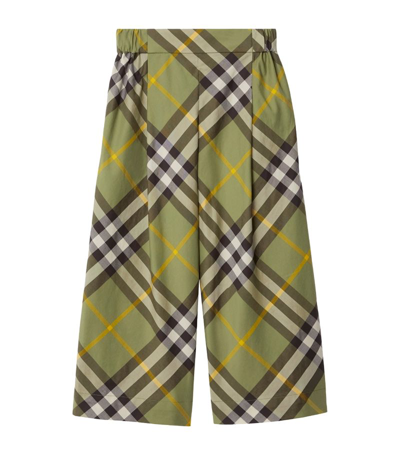 Shop Burberry Kids Cotton Check Wide-leg Trousers (3-14 Years) In Green