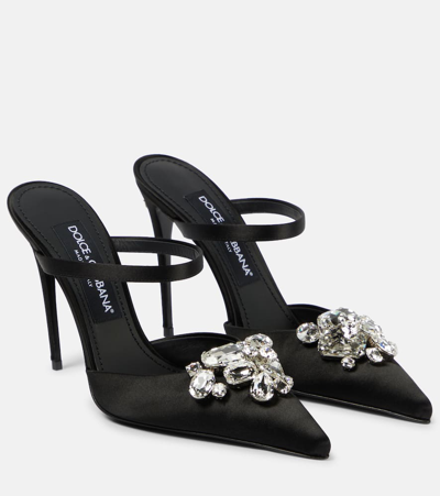 Shop Dolce & Gabbana Crystal-embellished Satin Mules In Black