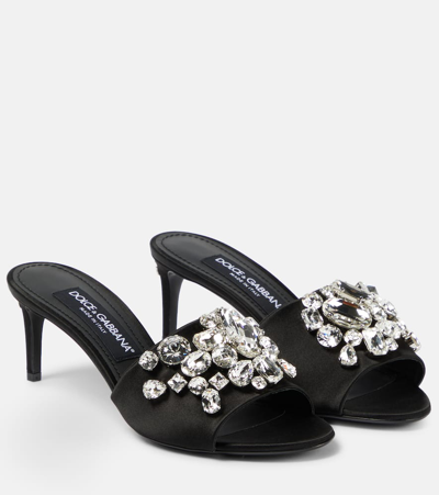 Shop Dolce & Gabbana Crystal-embellished Satin Mules In Black