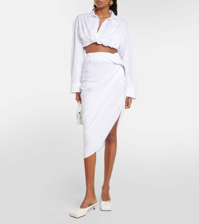 Shop Jacquemus La Jupe Saudade Draped Midi Skirt In White
