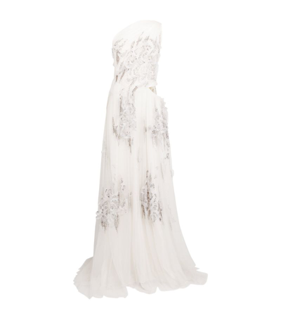 Shop Sandra Mansour Embellished Semi-sheer Spectrum Gown In White