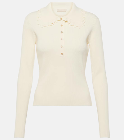 Shop Ulla Johnson Liese Ruffled Ribbed-knit Polo Sweater In White