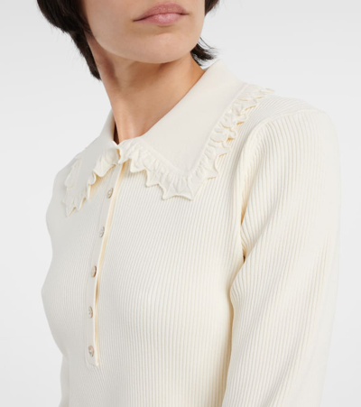 Shop Ulla Johnson Liese Ruffled Ribbed-knit Polo Sweater In White