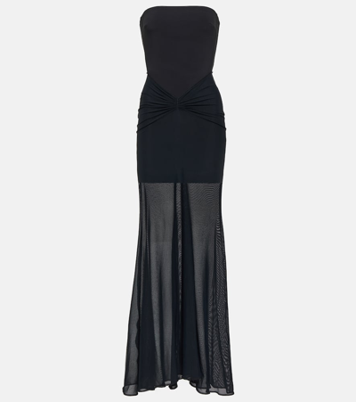 Shop David Koma Tulle-trimmed Ruched Bustier Gown In Black