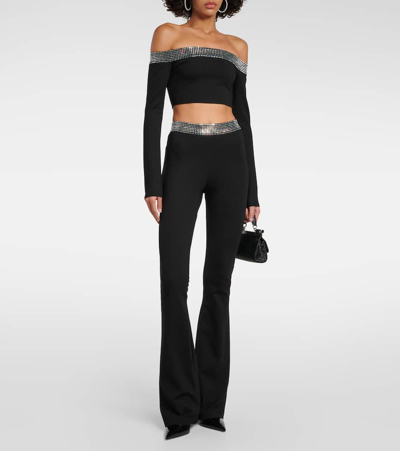 Shop David Koma Crystal-embellished Jersey Flared Pants In Black