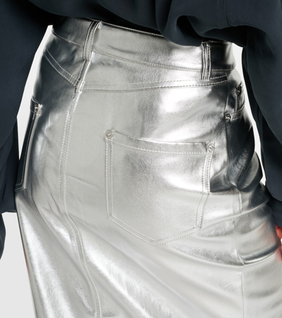 Shop Staud Oaklyn Metallic Faux Leather Midi Skirt In Silver