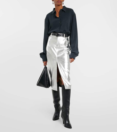Shop Staud Oaklyn Metallic Faux Leather Midi Skirt In Silver