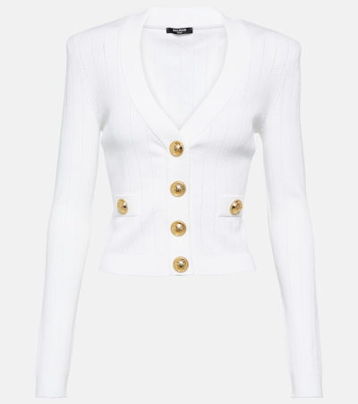 Shop Balmain Ribbed-knit Cardigan In White