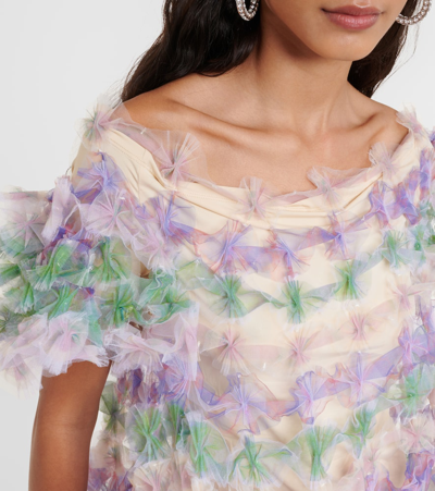 Shop Susan Fang Tiered Off-shoulder Tulle Midi Dress In Multicoloured
