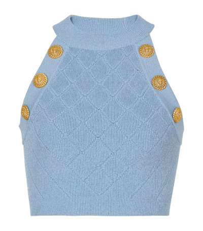 Shop Balmain Knitted Button-detail Tank Top In Blue