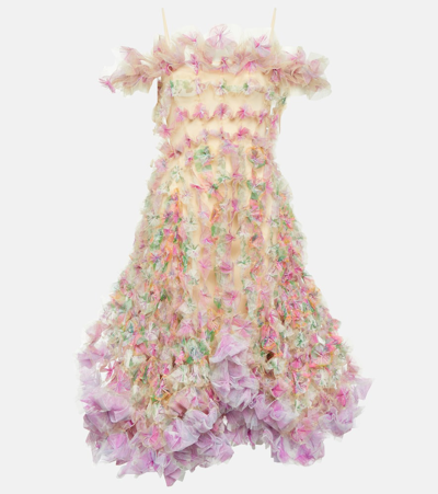 Shop Susan Fang Off-shoulder Tulle Midi Dress In Multicoloured