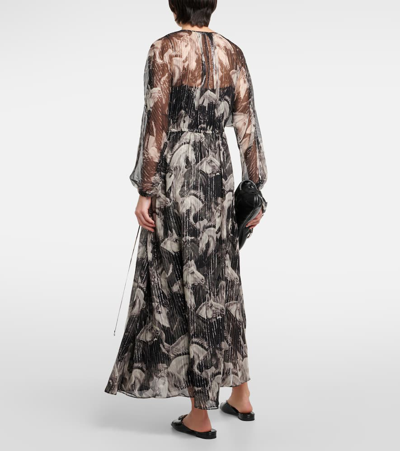 Shop Gucci Printed Metallic Silk-blend Maxi Dress In Grey