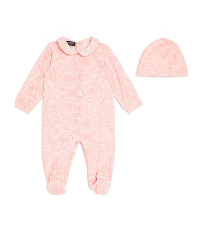 Shop Young Versace Versace Kids Barocco Print All-in-one And Hat Set (0-12 Months) In Pink