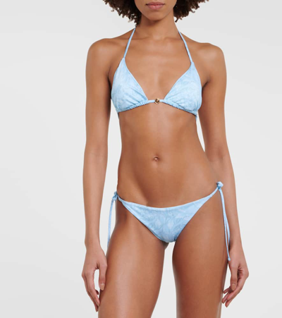 Versace Barocco Low-rise Bikini Bottoms In Blue