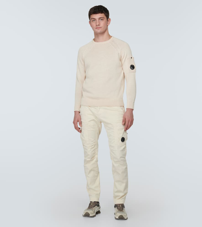 C.p. Company Men White Crewneck Sweater With Logo Plaque On The Sleeve In Wool Blend Man In Green