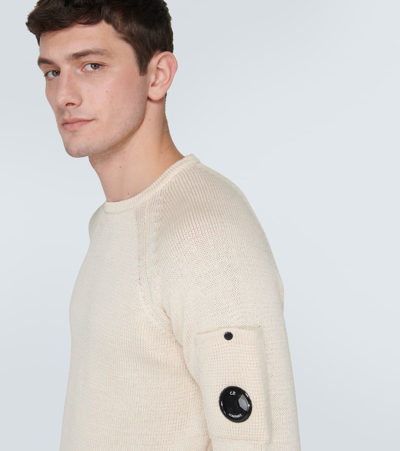 C.p. Company Men White Crewneck Sweater With Logo Plaque On The Sleeve In Wool Blend Man In Green