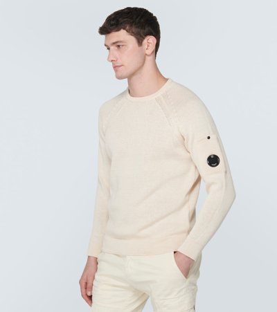 C.p. Company Men White Crewneck Sweater With Logo Plaque On The Sleeve In Wool Blend Man In Green