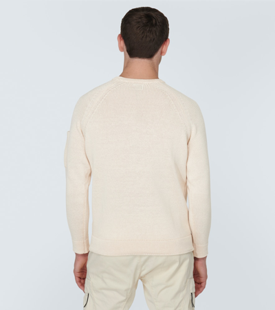 C.p. Company Men White Crewneck Sweater With Logo Plaque On The Sleeve In Wool Blend Man In Green