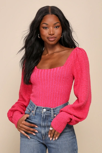 Shop Free People Katie Hot Pink Ribbed Knit Balloon Sleeve Sweater Top