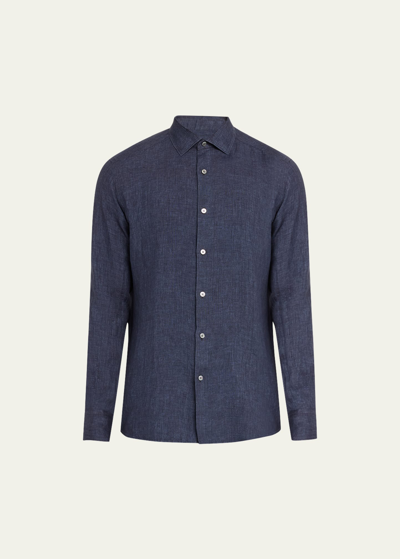 Shop Zegna Men's Linen Casual Button-down Shirt In Dk Blu Sld