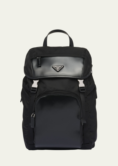 Shop Prada Men's Nylon And Spazzolato Leather Backpack In F0002 Nero