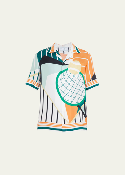 Shop Casablanca Men's Abstract Tennis-print Silk Camp Shirt In Court