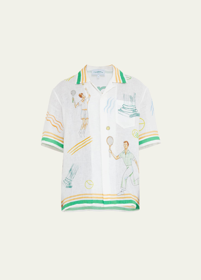 Shop Casablanca Men's Tennis Players Linen Camp Shirt