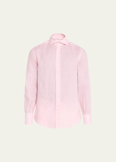 Shop Brunello Cucinelli Men's Linen Casual Button-down Shirt In C031 Pink