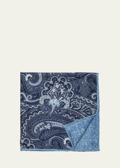 Shop Brunello Cucinelli Men's Paisley-print Silk Pocket Square In Cba22 Blue Tan