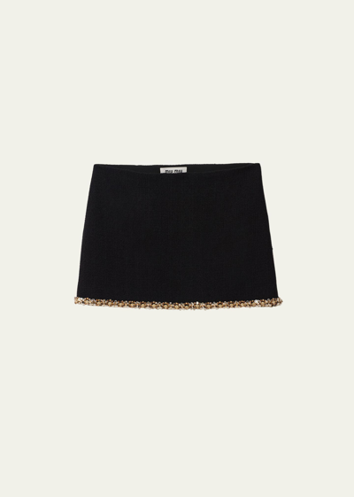 Shop Miu Miu Crystal Trim Mini Skirt In F0002 Nero