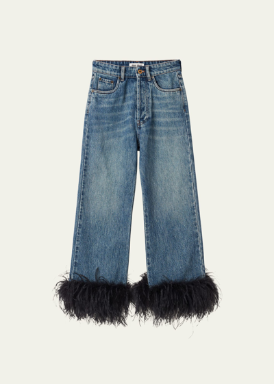 Shop Miu Miu Feather Trim Wide-leg Denim Pants In F0ai7 Blu Nero