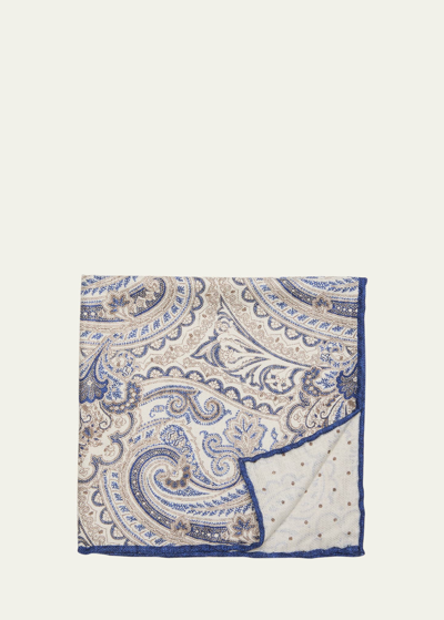 Shop Brunello Cucinelli Men's Paisley-print Silk Pocket Square In Cey66 Blue White