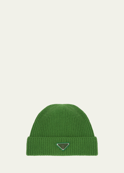 Shop Prada Men's Wool-cashmere Ribbed Beanie Hat With Symbole In F0089 Verde