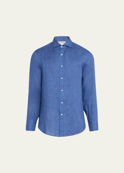 Shop Brunello Cucinelli Men's Linen Classic-fit Casual Button-down Shirt In C1590 Blue