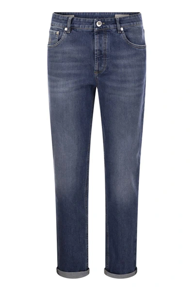 Shop Brunello Cucinelli Five-pocket Slim Fit Trousers In Comfort Denim In Dark Denim
