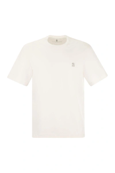 Shop Brunello Cucinelli Slim Fit Crew-neck T-shirt In Cotton Jersey With Logo In White
