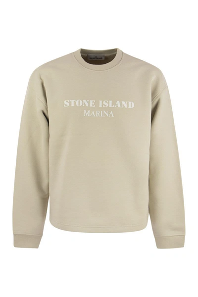 Shop Stone Island Crew-neck Sweatshirt With Inscription In Ivory