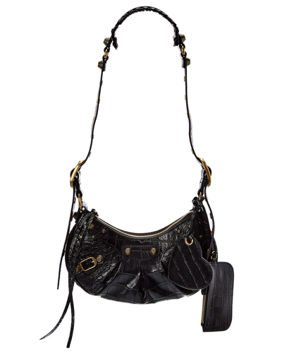 Shop Balenciaga Le Cagole Xs Croc-embossed Leather Shoulder Bag In Black