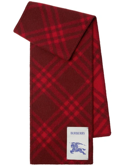 Shop Burberry Check Motif Wool Scarf In Bordeaux