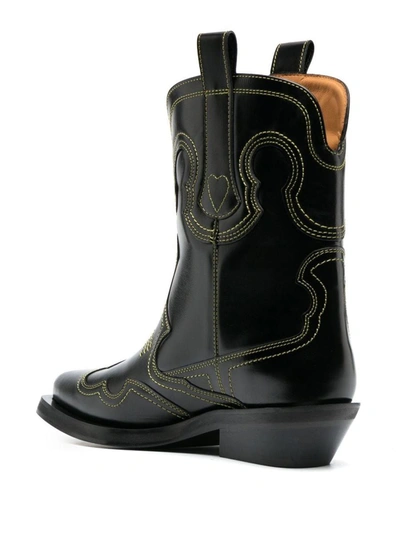 Shop Ganni Leather Western Boots In Black