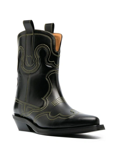 Shop Ganni Leather Western Boots In Black