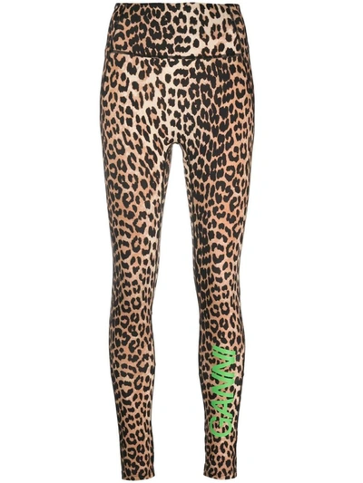Shop Ganni Leopard Print Logo Leggings In Brown