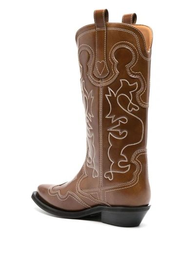 Shop Ganni Leather Western Boots In Leather Brown