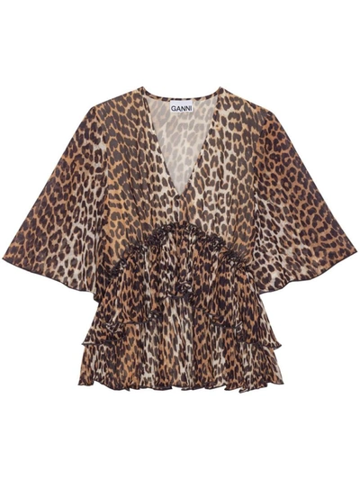 Shop Ganni Leopard Print V-necked Blouse In Brown