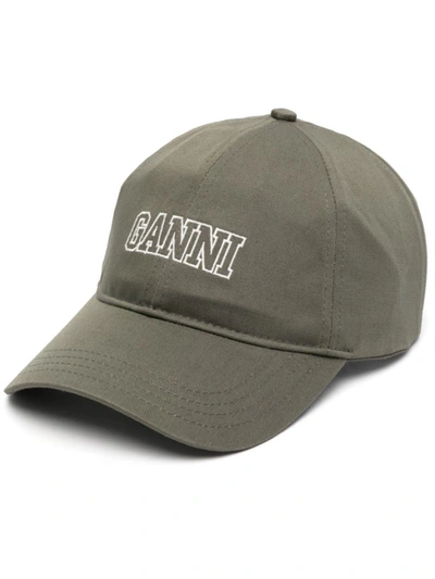 Shop Ganni Logo Cotton Baseball Cap In Kaki